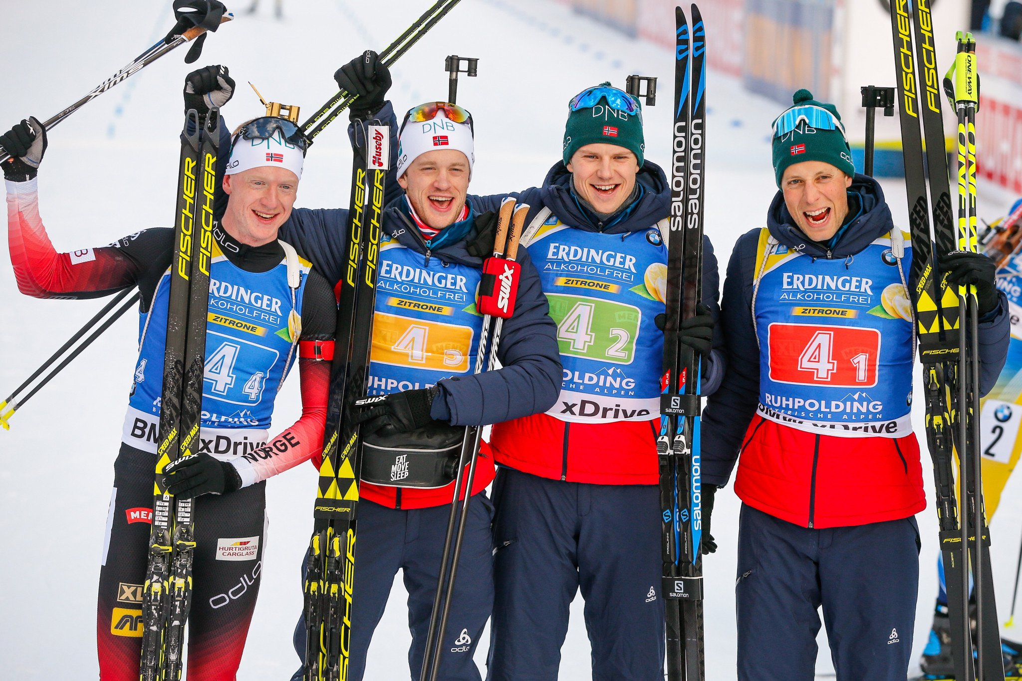 The Bø brothers Johannes and Tarjei alongside Lars Helge Birkeland and Vetle Sjaastad Christiansen won the men's relay today in Ruhpolding ©Getty Images