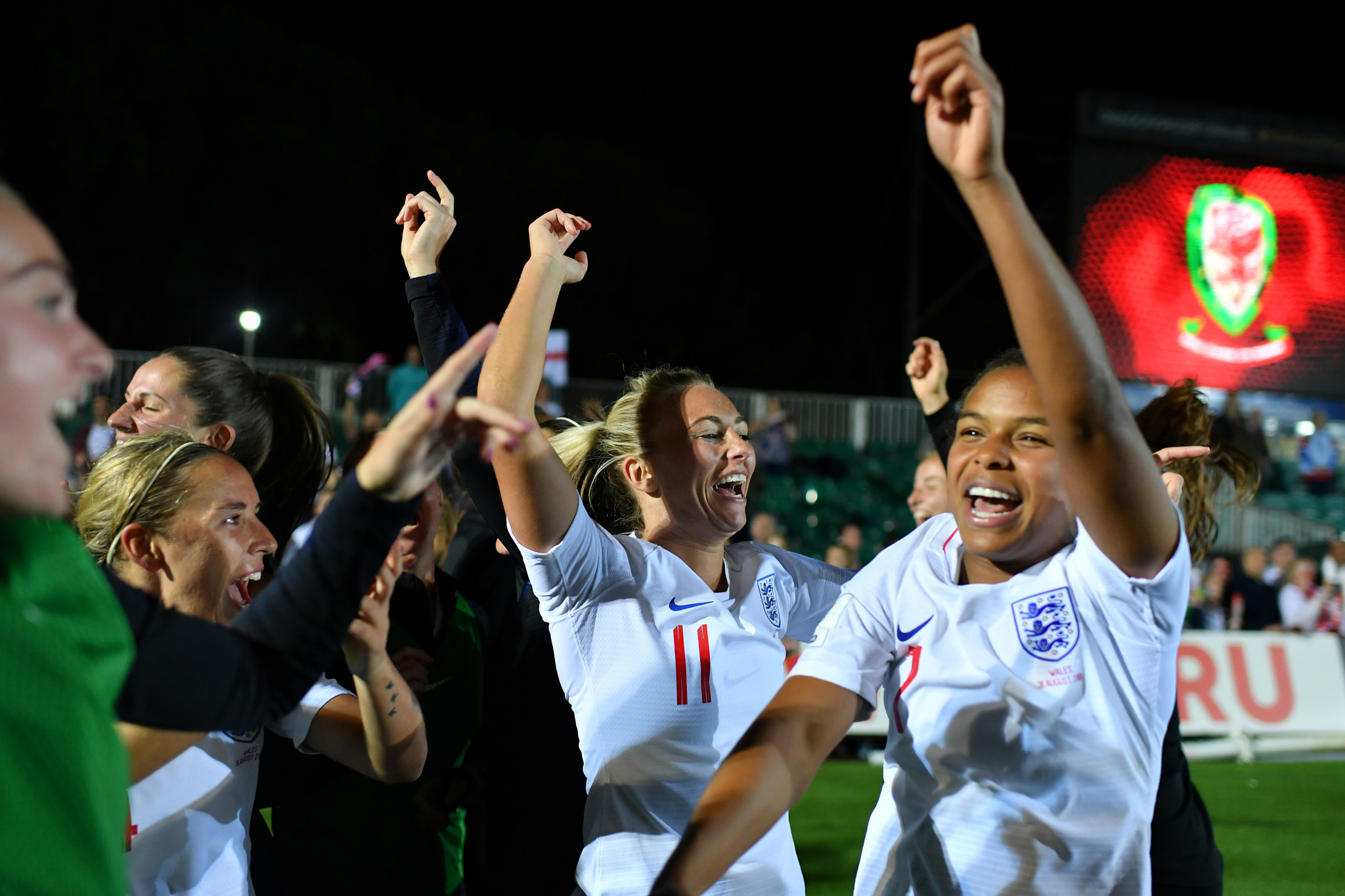 England's women's football team celebrate qualifying for the 2019 FIFA World Cup in France ©Getty Images