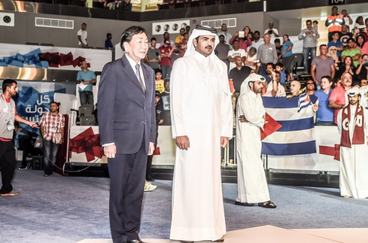 AIBA President C K Wu joined Sheikh Joaan bin Hamad bin Khalifa Al Thani in handing out the medals ©Hill+Knowlton Strategies
