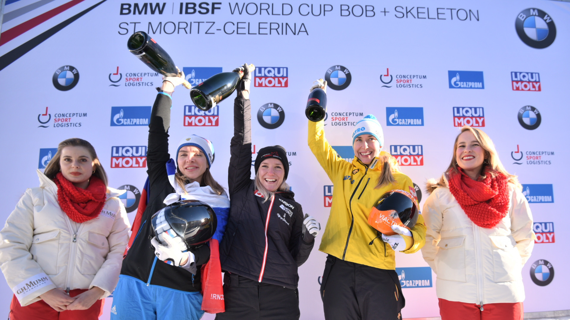 Canada's Mirela Rahneva, centre, won the IBSF World Cup women's skeleton race in St Moritz, with Russia's Elena Nikitina, left, in second and Germany's Jacqueline Loelling, right, in third ©IBSF