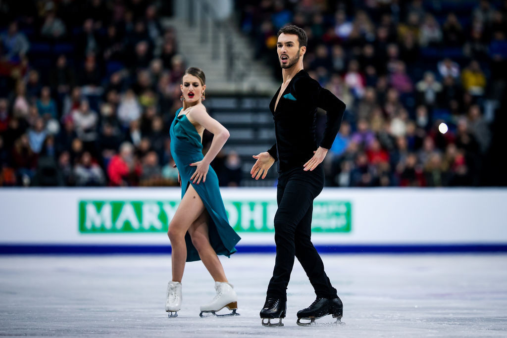 French pair Gabriella Papadakis and Guillaume Cizeron, the Olympic silver medallists, lead the ice dance event at the ISU European Figure Skating Championships in Minsk ©ISU
