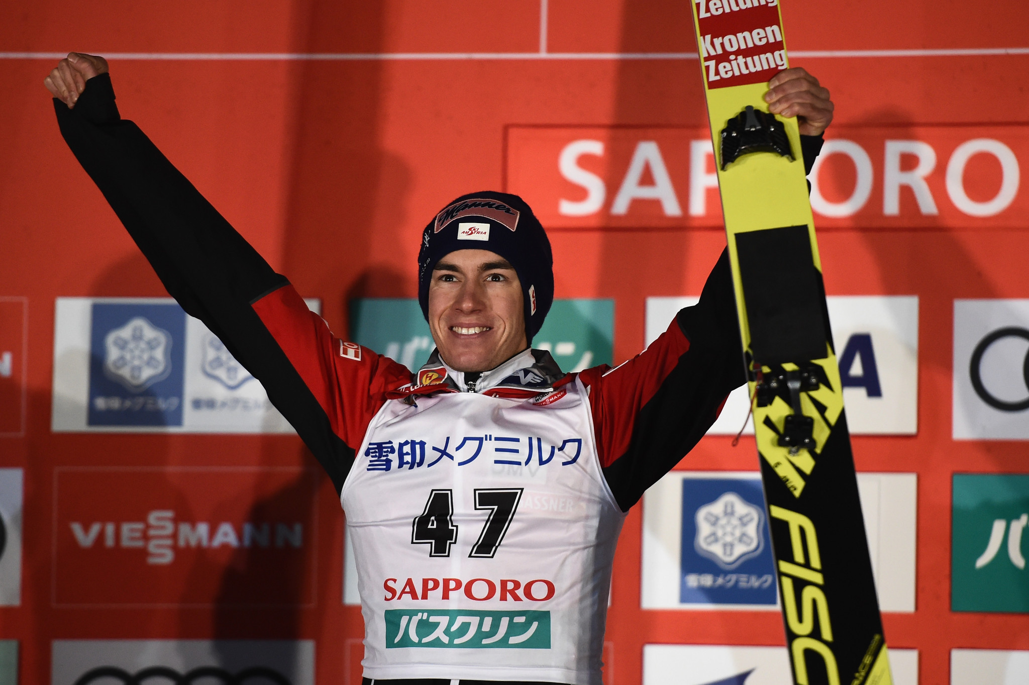 Stefan Kraft won the FIS Ski Jumping World Cup  in Sapporo ahead of Kamil Stoch who set a hill record with his last jump ©Getty Images