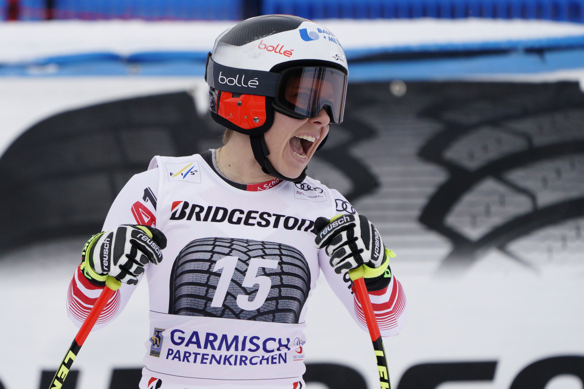 Austria;s 2017 super-G world champion Nicole Schmidhofer won in Garmisch-Partenkirchen ©Getty Images