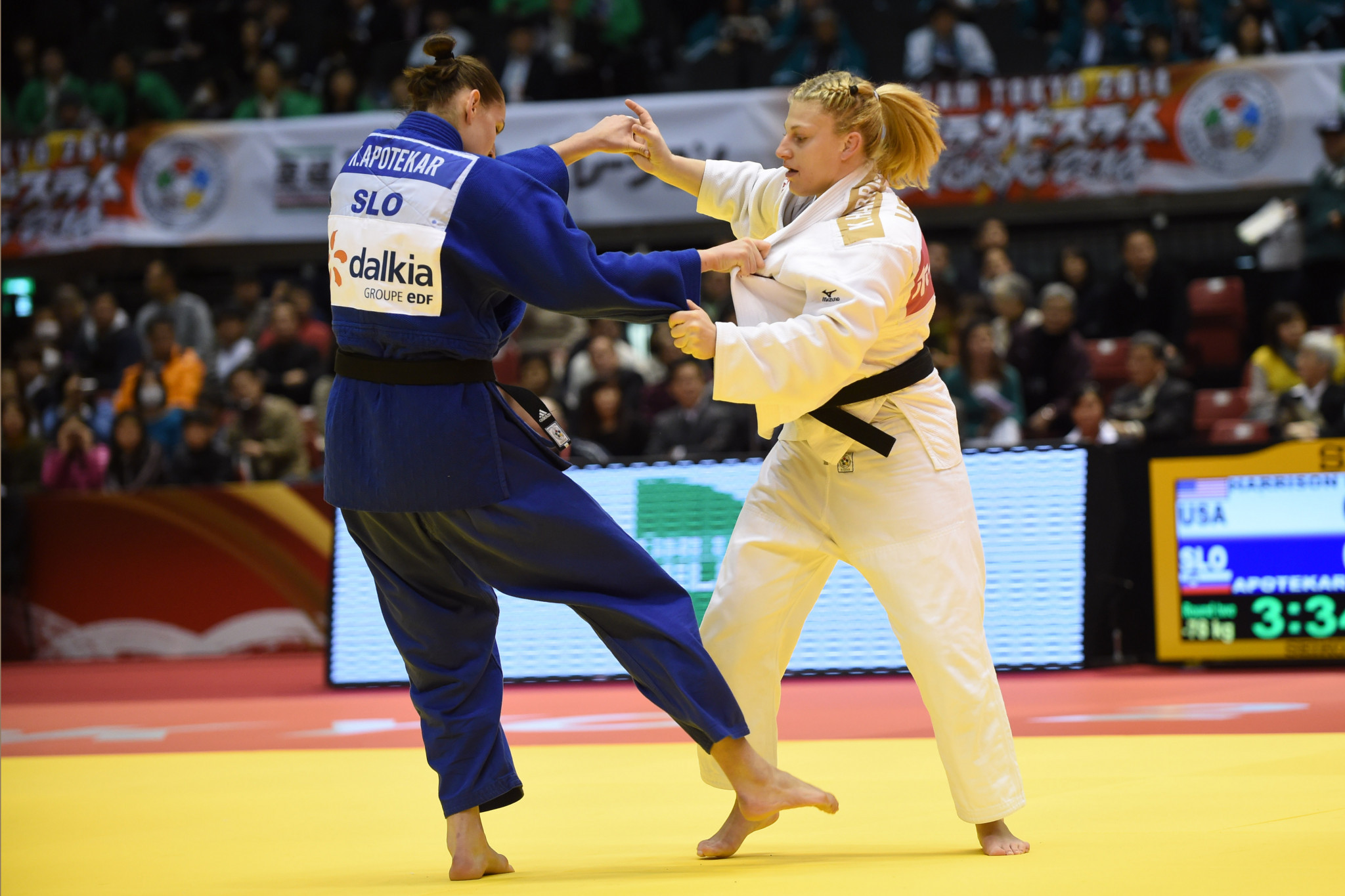 Klara Apotekar, in blue, won her first World Tour gold in the women's under 78kg final ©Getty Images