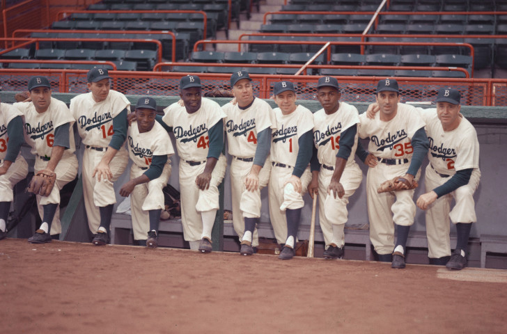 Brooklyn Dodgers line-up in 1954, with Jackie Robinson, wearing his famous 42, sixth from the right, and Pee Wee Reese fourth from the right ©Getty Images 