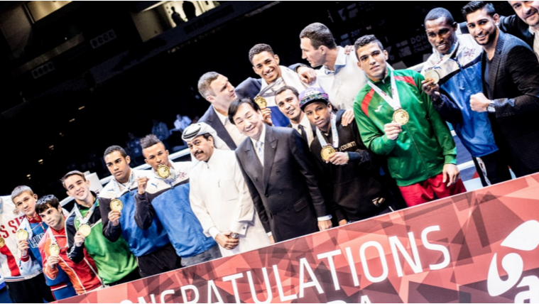 The 10 gold medallists from the World Championships lined up in the ring for a group photo as the curtain came down on the event ©AIBA