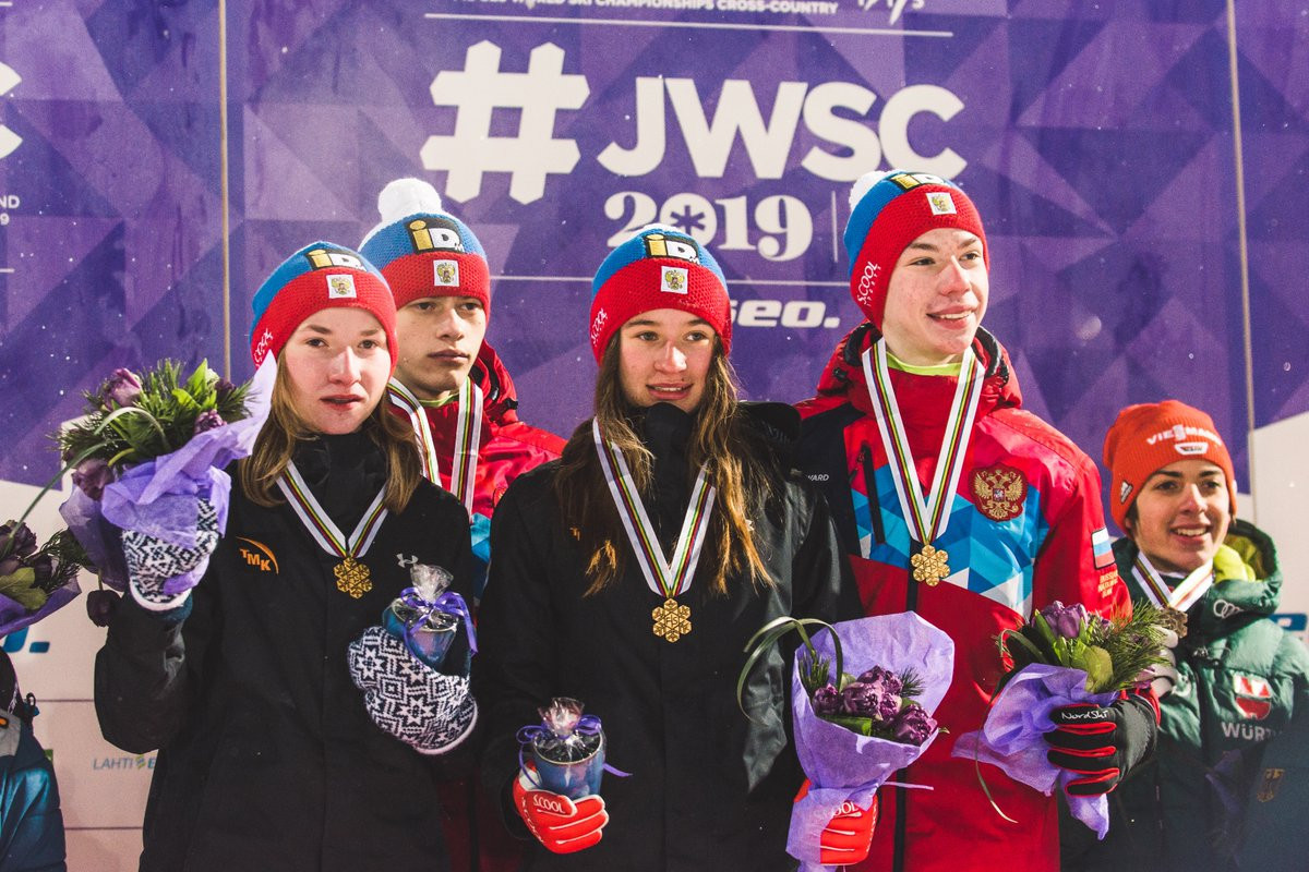 The Russian team of Anna Shpyneva, Mikhail Purtov, Lidiia Iakovleva and Maksim Sergeev finished first in the FIS Nordic Junior World Championships in Lahti ©Nordic Junior World Championships