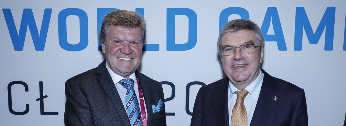 Seriba's Borislav Pelević, pictured here with International Olympic Committee President Thomas Bach, died suddenly in October at the age of 61 having been WAKO President since 2015 ©WAKO/Facebook