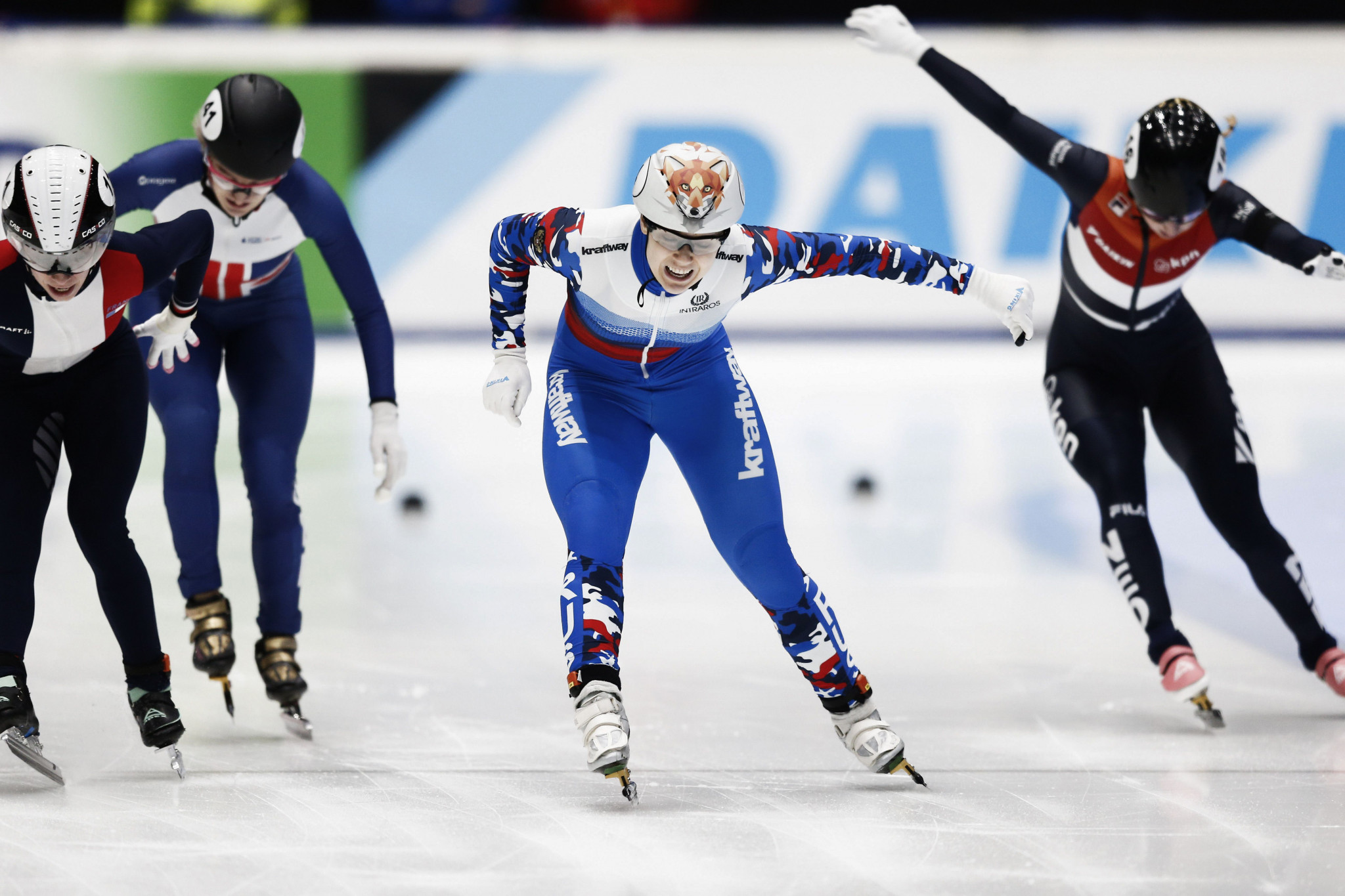 Russia's Sofia Prosvirnova, centre, was the only non-Korean to win a gold medal at the ISU Short Track Speed Skating World Cup in Dresden today ©Getty Images