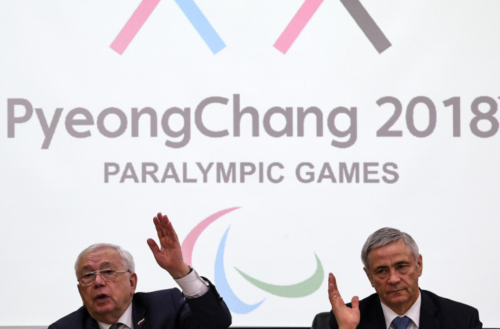 Russian Paralympic Committee President Vladimir Lukin, left, and RPC first vice-president Pavel Rozhkov pictured at a Moscow press conference last February to discuss the exclusion of Russian Para-athletes from the Pyeongchang 2018 Games ©Getty Images  