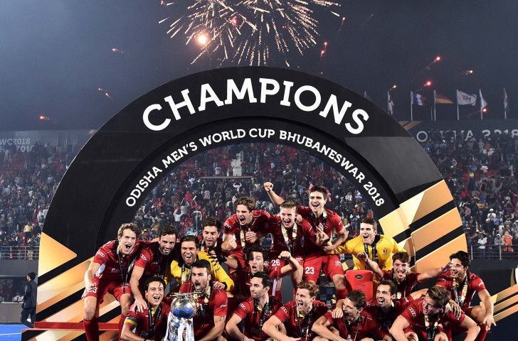 Belgium celebrate their shoot-out victory over The Netherlands in the final of last year's FIH men's World Cup in India - which is now bidding to host either the men's or women's World Cup in 2023 ©Getty Images  
