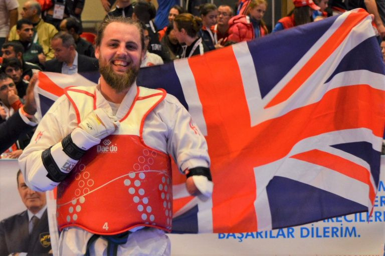 Britain's Matt Bush celebrates a historic gold medal for at the World Para-Taekwondo Championships at Antalya ©GB Taekwondo
