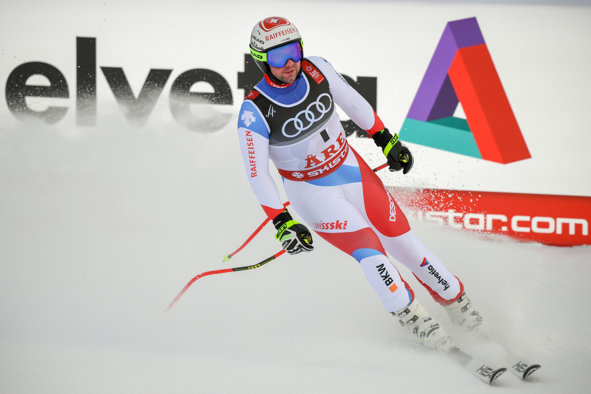 Amid poor visibility in the Swedish resort Switzerland's Beat Feuz went first and later joked that he could not see ©Getty Images