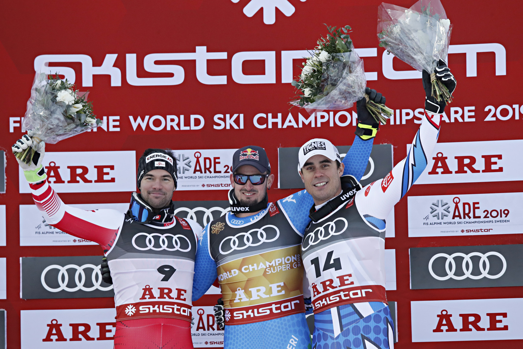 Vincent Kriechmayr, left, completed the podium with the same time as Clarey, right, ©Getty Images