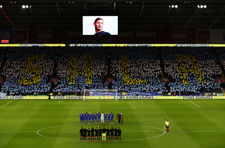 Cardiff City's tribute to Emiliano Sala, missing in a plane crash after signing from French club Nantes, before last Saturday's Premier League home match against AFC Bournemouth ©Getty Images  