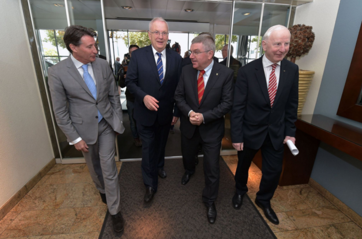 European Athletics President Sven Arne Hansen (centre, left) welcomed his counterparts from the IAAF, Sebastian Coe (left), the IOC, Thomas Bach (centre, right) and the EOC, Patrick Hickey (right), to the European Athletics Convention