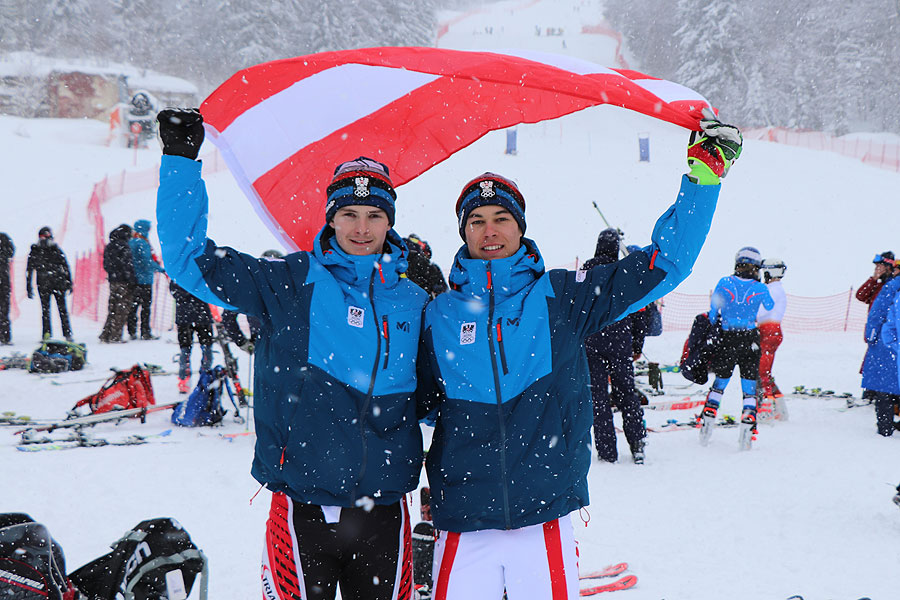 Austria celebrated boys' slalom gold and bronze medals ©Austrian Olympic Committee