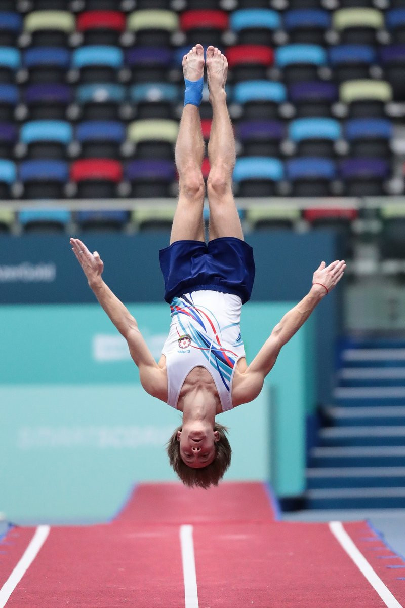 European champion Mikhail Malkin of Azerbaijan qualified in second in the tumbling event at the FIG Trampoline World Cup in Baku ©Azerbaijan Gym
