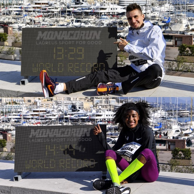 Switzerland's Julien Wanders and The Netherlands Julien Wanders celebrate setting world records for 5km in Monaco - even though others have run much fastest than them in the past ©Laureus