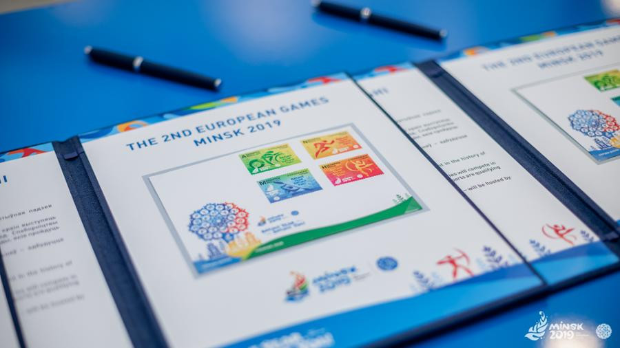The four stamps issued for Minsk 2019 each depict the logo, slogan and pictograms of different kinds of sports ©Minsk 2019 