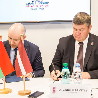 The Latvian and Belarusian Ice Hockey Federations have signed an agreement dictating their roles ahead of the 2021 IIHF Championships which they are co-hosting ©LHF