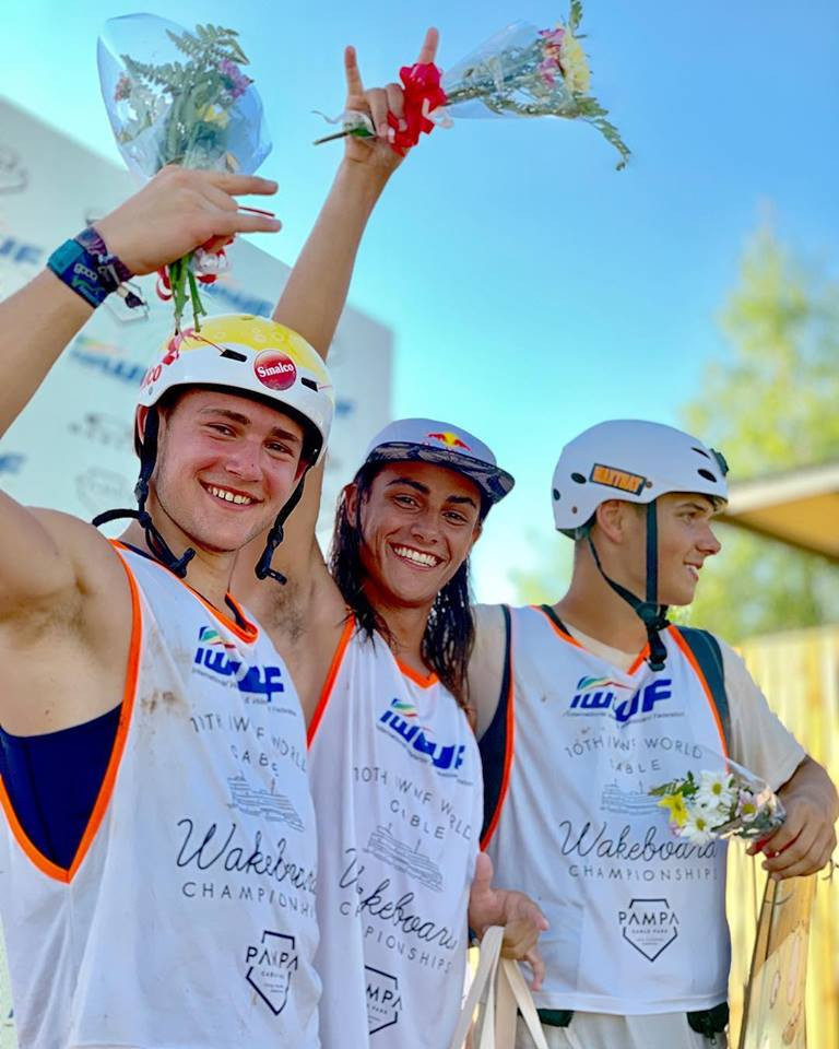 Brazil's Pedro Caldas, centre, won the men's under-19 wakeboard final at the IWWF World Cable Wakeboard and Wakeskate Championships in Buenos Aires today ©IWWF