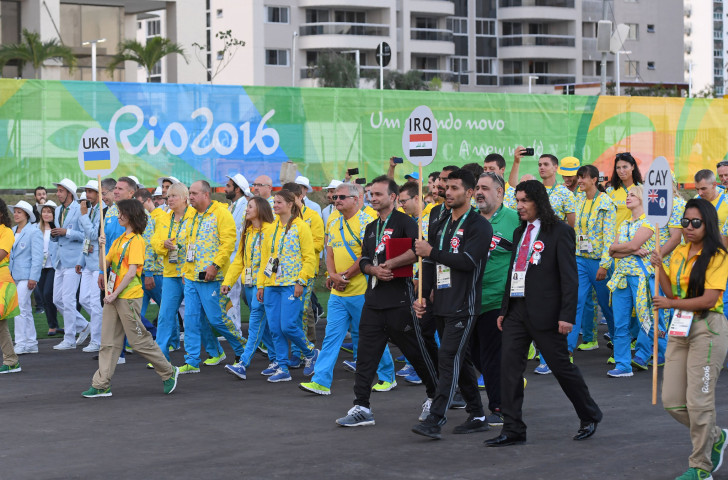 Ukrainian athletes, pictured during a welcome ceremony at Rio 2016, are not taking part in the Winter Universiade that starts in Siberia on Saturday, but will compete at this year's Summer Universiade in Naples ©Getty Images  