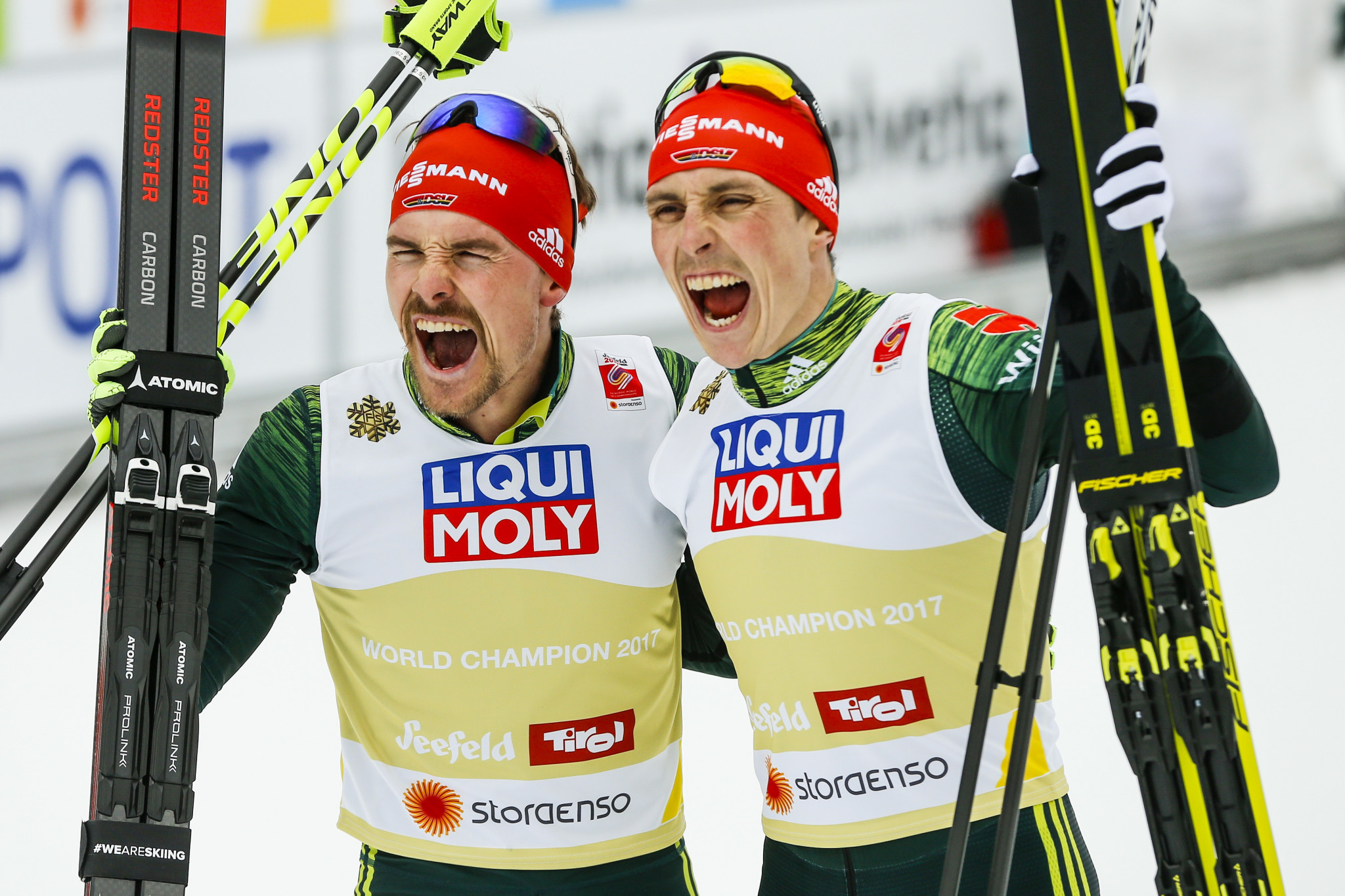 Germany's Eric Frenzel and Fabian Rießle won the men's Nordic combined team event ©Getty Images