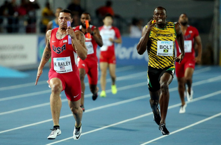 Usain Bolt has too much to do to make up the lead of anchor leg runner Ryan Bailey, who is en route to earning the United States victory in the 4x100m final at the IAAF World Relays in Nassau