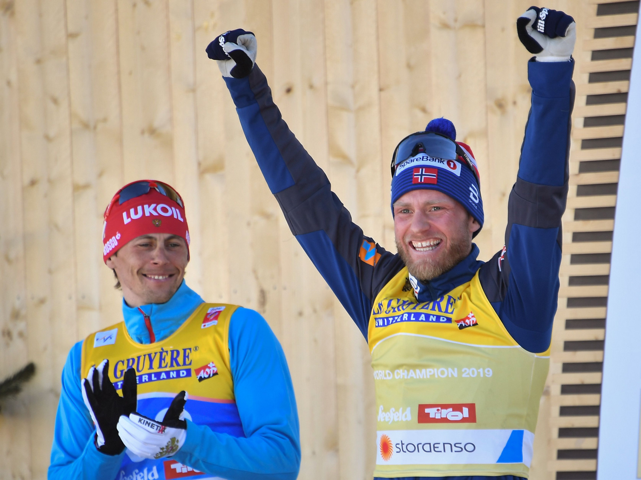 Martin Johnsrud Sundby, right, and Alexander Bessmertnykh, left, won medals today as Austrian police arrested nine people in anti-doping raids ©Getty Images