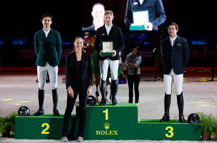 Germany's Marcus Ehning tops the podium at the Rolex Grand Prix in Geneva last December to stay in the running for the overall Grand Slam title ©Rolex Grand Prix 
