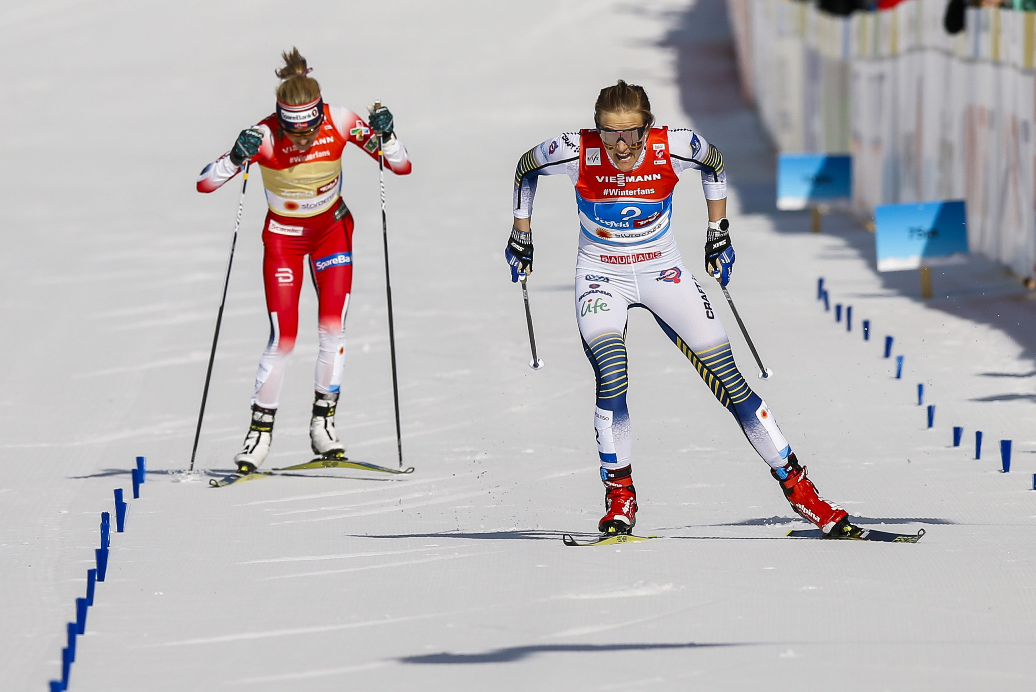 Stina Nilsson outfought Therese Johaug to win cross-country relay gold for Sweden ©Getty Images