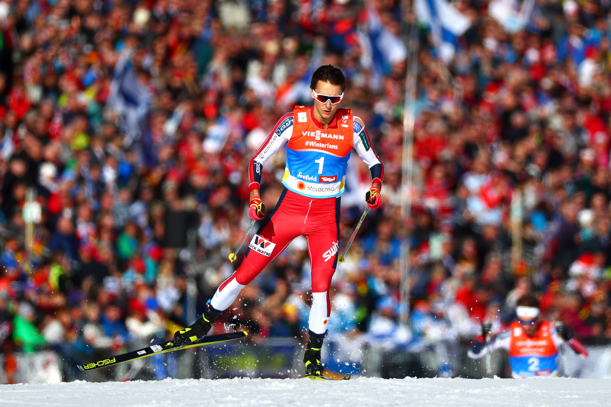 Jarl Magnus Riiber triumphed in the normal hill 10km Nordic combined event in Seefeld ©Getty Images
