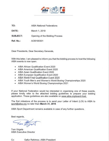 The letter was sent to member federations by AIBA executive director Tom Virgets ©ITG