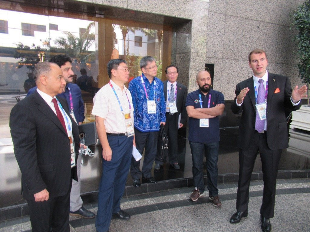 Teqball co-founder Viktor Huszár, right, explains the sport to Olympic Council of Asia officials in Jakarta last August, part of a process which led to it being officially recognised  ©OCA