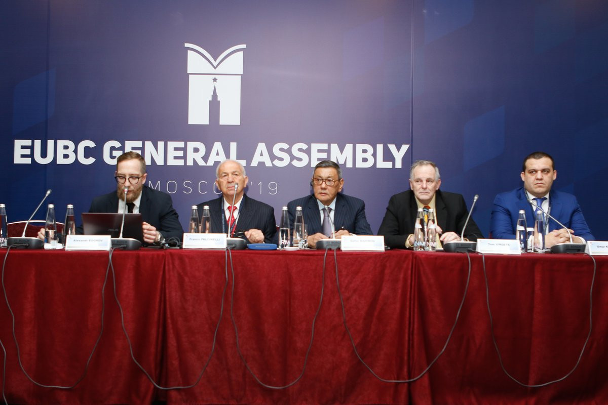 EUBC President Franco Falcinelli, second left, claimed his support for Gafur Rakhimov, centre, was the reason behind the members attacking him at the Congress in Moscow last weekend ©EUBC