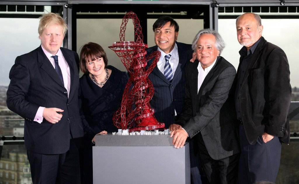 London Mayor Boris Johnsnon, pictured with then Olympics Minister Tessa Jowell, steel magnate Lakshmi Mittal, artist Anish Kapoor and structural designer Cecil Balmond when the design of the Orbit was unveiled in 2010