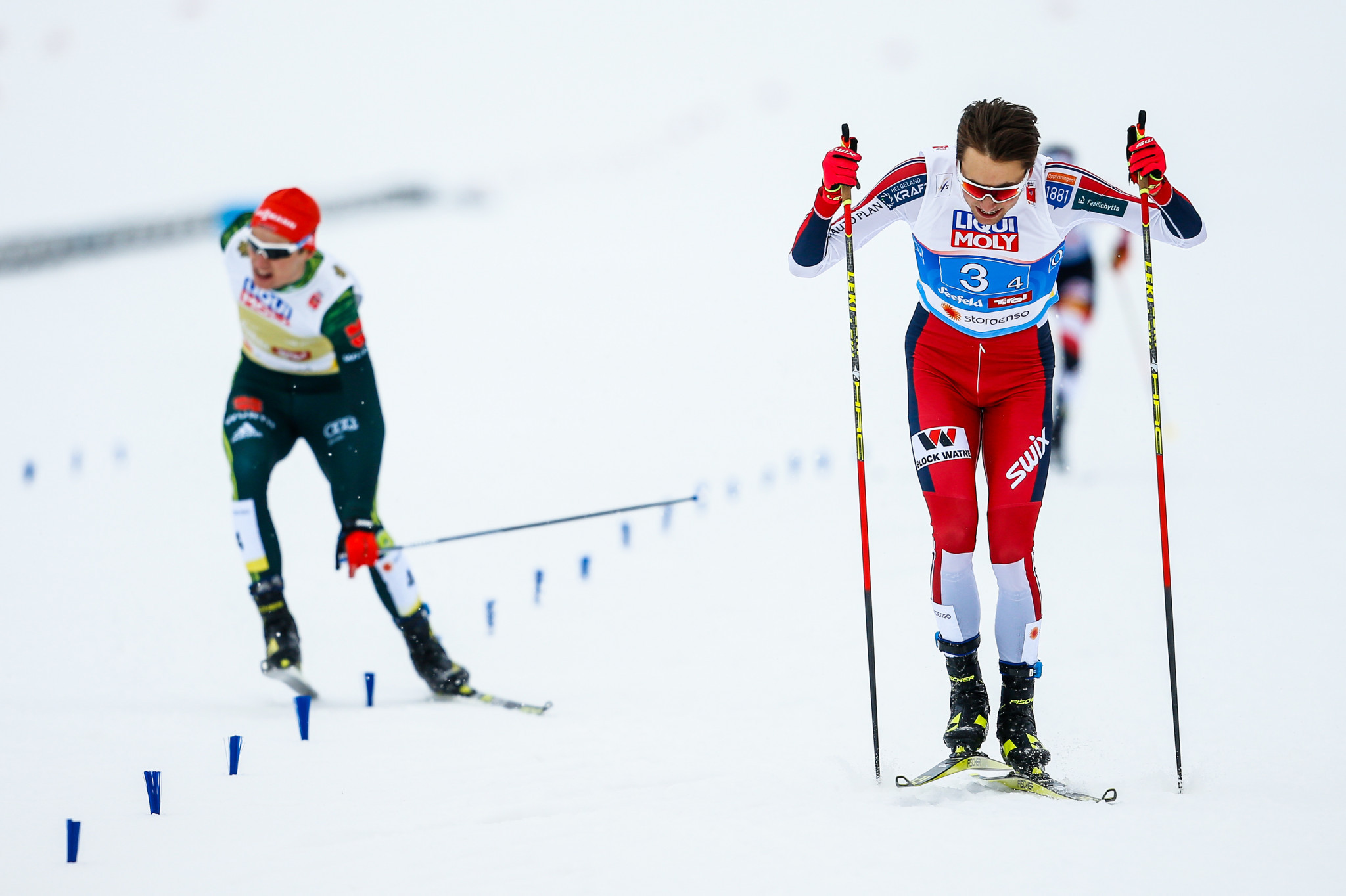 Jarl Magnus Riiber, right, emerged victorious in a sprint finish to secure the team Nordic combined gold for Norway ©Getty Images