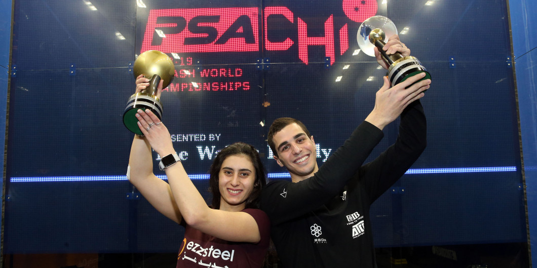 Ali Farag and Nour El Sherbini were crowned as champions after all-Egyptian finals today at the Professional Squash Association World Championships in Chicago ©PSA