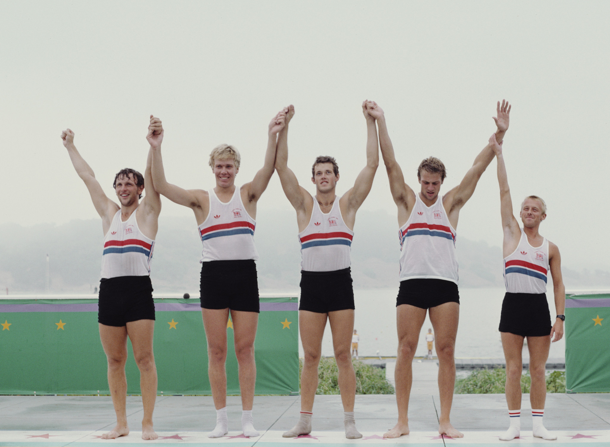 Steve Redgrave, second right, won the first of his five Olympic gold medals in Los Angeles ©Getty Images