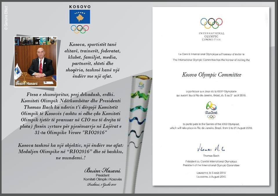 Kosovo received its official invitation to compete in the Olympic Games in Rio de Janeiro next year in August