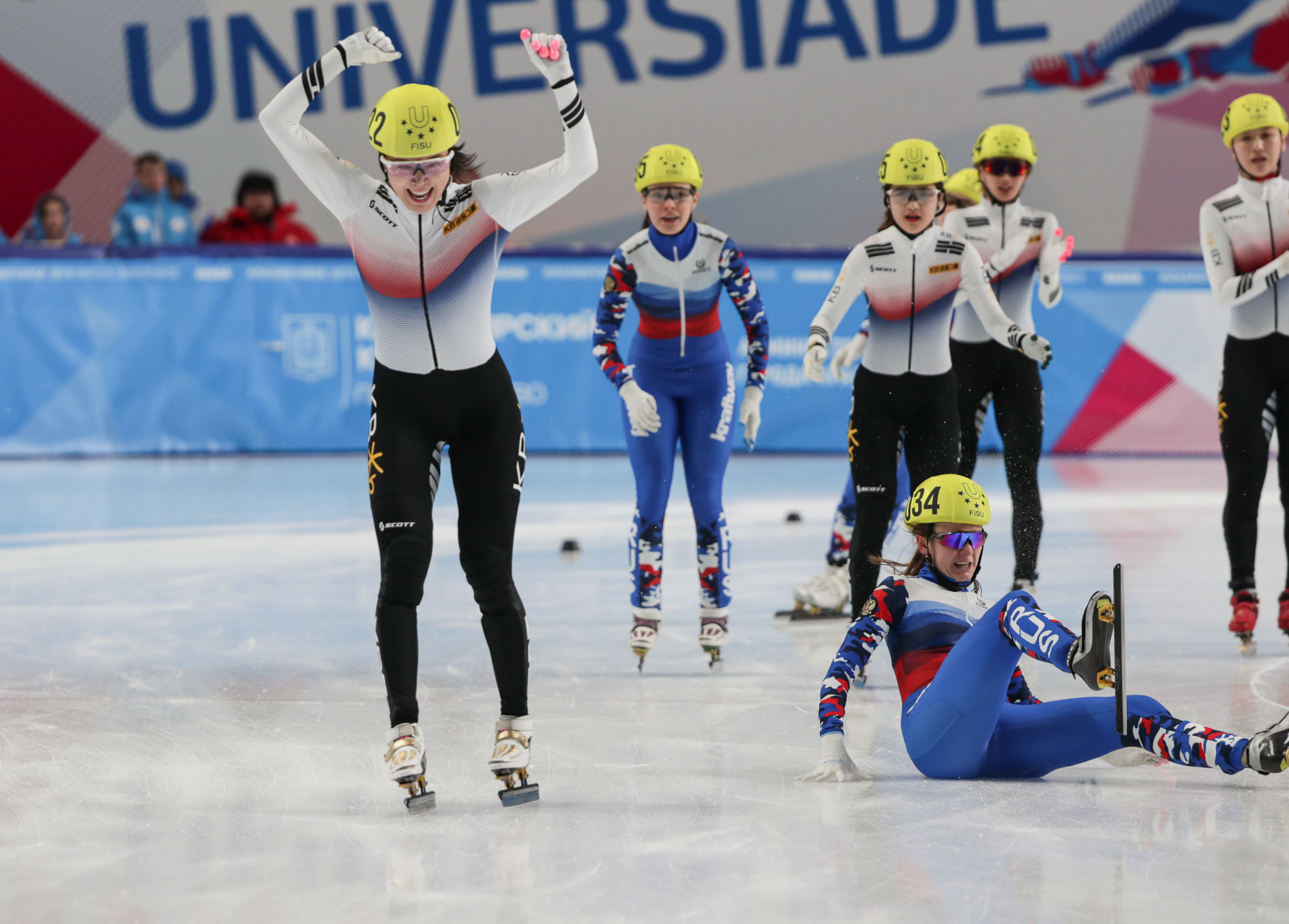 The South Korean women's short track relay team had their gold medal taken off them after judges decided that a South Korean athlete had pushed a Russian athlete on the finish line ©Krasnoyarsk 2019