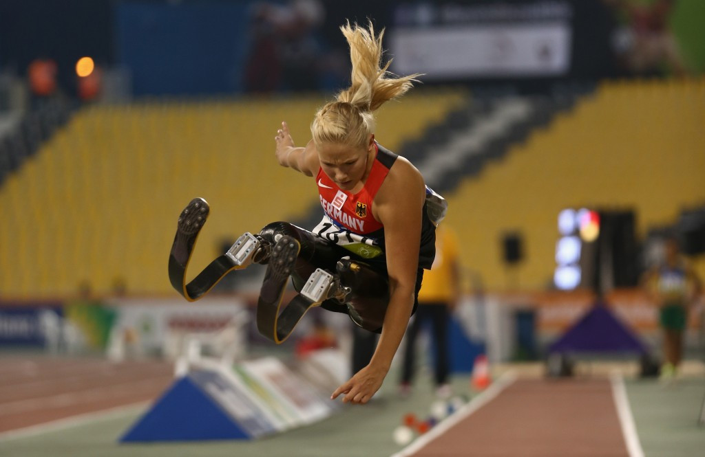 Germany's Vanessa Low broke the world record on two occasions on her way to claiming the women's T42 long jump title 