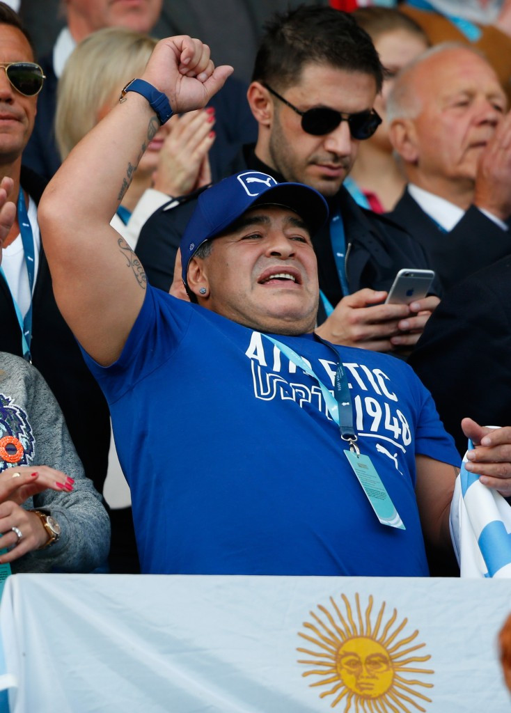 Diego Maradona, cheering on Argentina at the Rugby World Cup in Leicester