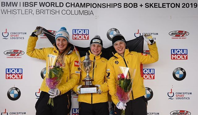 Tina Hermann led a podium sweep for Germany in the women's skeleton event ©IBSF