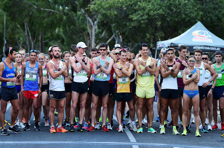Walkers cross arms before the start in protest of the proposed dropping of the 50km walk during the 20km Oceania Race Walking Championships in Adelaide last month ©Getty Images