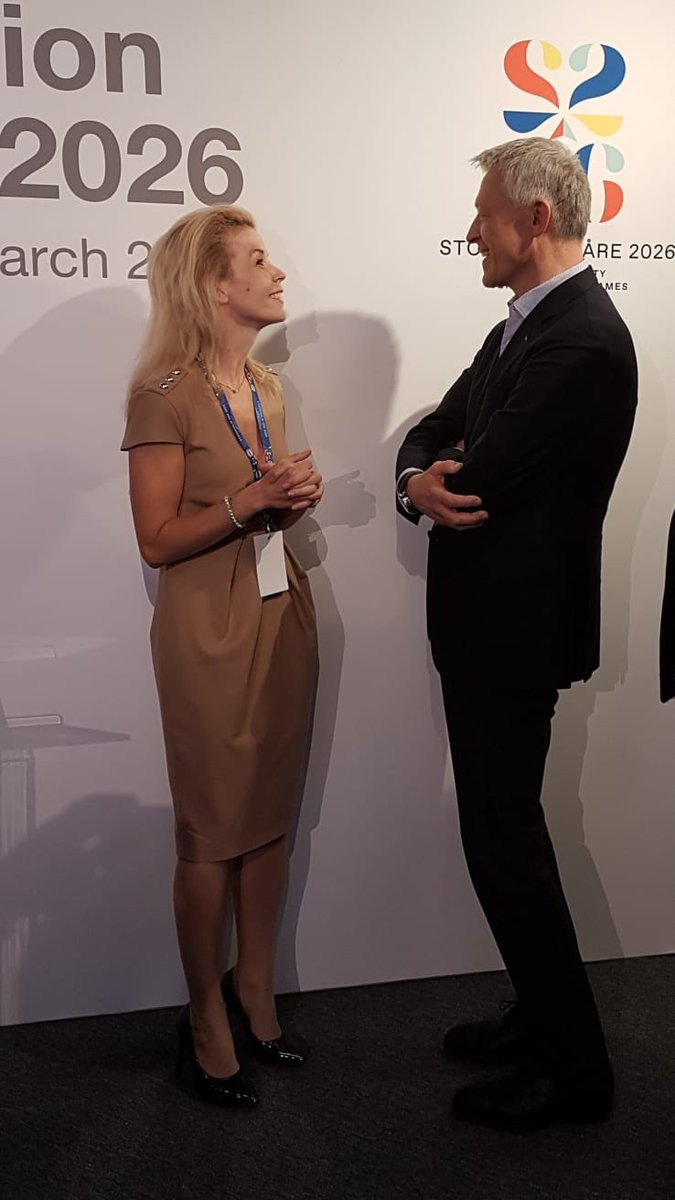 Stockholm Mayor Anna König Jerlmyr talking to IOC Evaluation Commission chair Octavian Morariu following her presentation during which she failed to fully back Stockholm Åre 2026 ©IOC