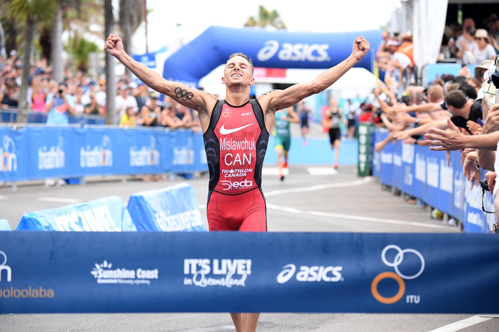 Tyler Mislawchuk of Canada wins his first ITU Triathlon World Cup title as he finishes in Mooloolaba, Queensland ©ITU