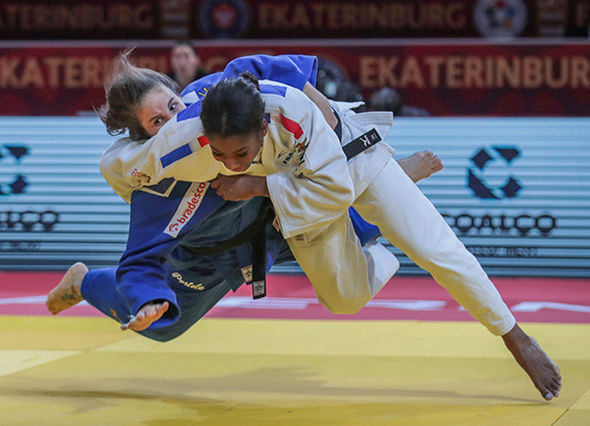 France's Eve Gahie, in white, defeated Brazil's Maria Portela in the final of the under-70kg event to win the second IJF Grand Slam title of her career ©IJF