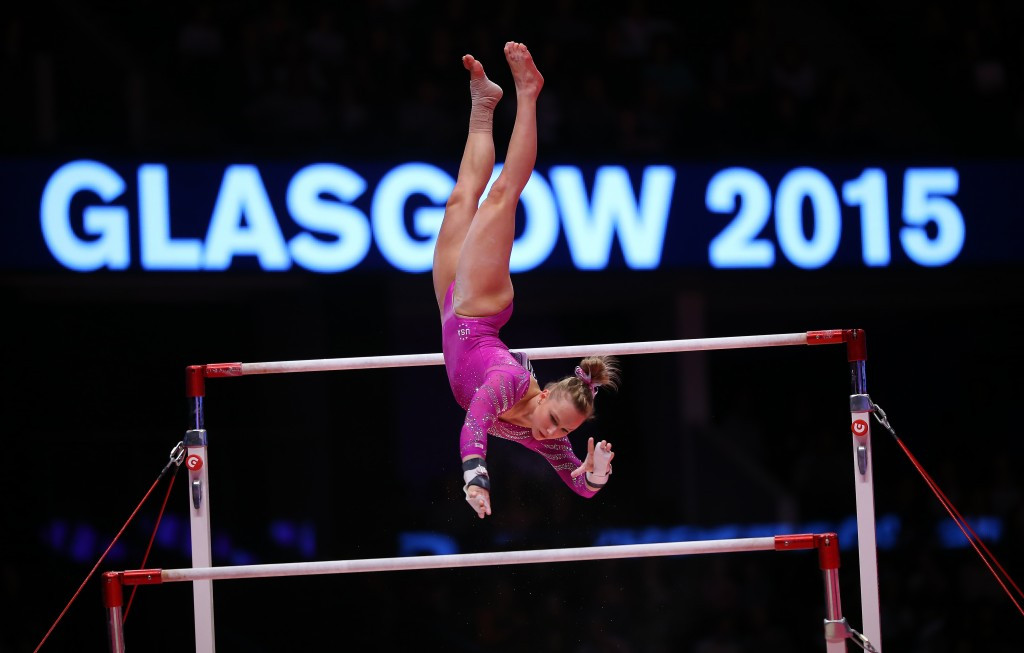 Brenna Dowell of the United States struggled on the bars as she fell twice during her routine ©Getty Images